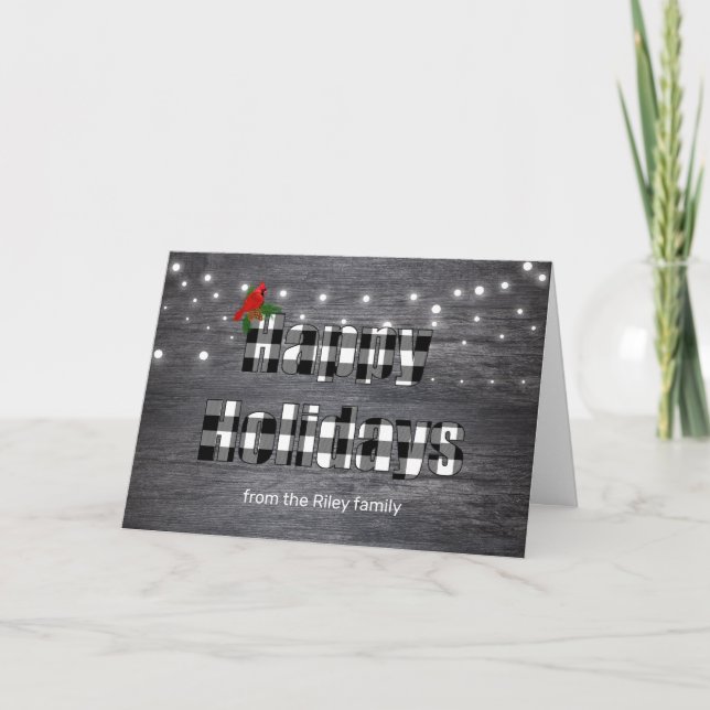 Happy Holidays buffalo plaid on grey wood Card (Front)