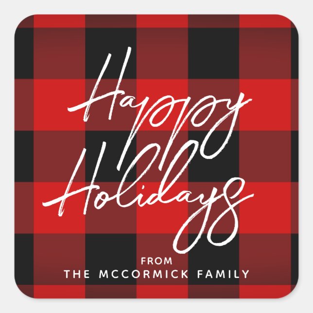 Happy Holidays Buffalo Plaid Red Black Script Square Sticker (Front)