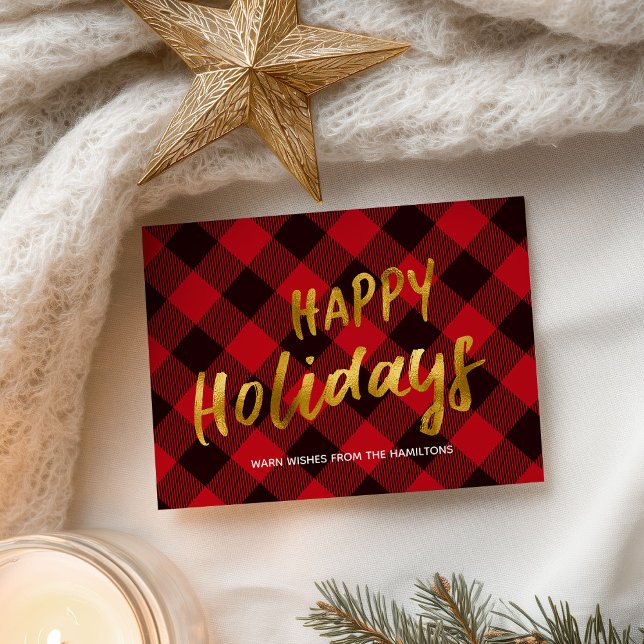 Happy Holidays Buffalo Red Plaid Gold Christmas Holiday Postcard (Creator Uploaded)