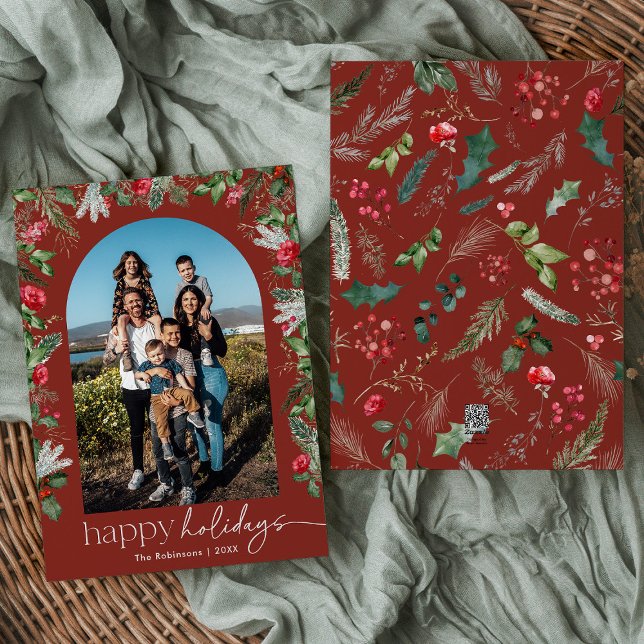 Happy Holidays Burgundy Botanical Arch 1 Photo Holiday Card (Creator Uploaded)