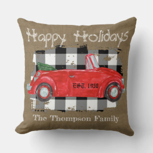Happy Holidays burlap retro red truck scottish Cushion