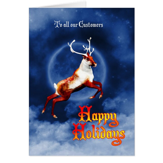 Happy Holidays business card with flying reindeer (Front)