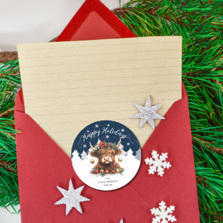 Happy Holidays Business Festive Highland Cow Classic Round Sticker