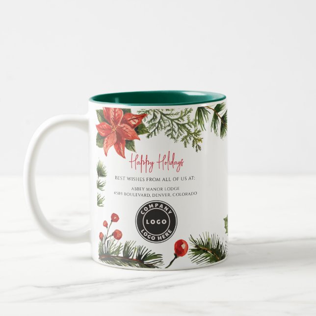 Happy Holidays Business Logo Employees Christmas Two-Tone Coffee Mug (Left)