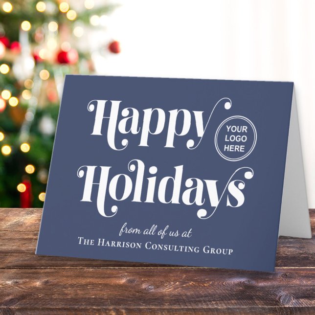 Happy Holidays Business Logo QR Code Blue Holiday Card (Spread warmth, appreciation, and gratitude to your valued customers, clients, employees and partners)