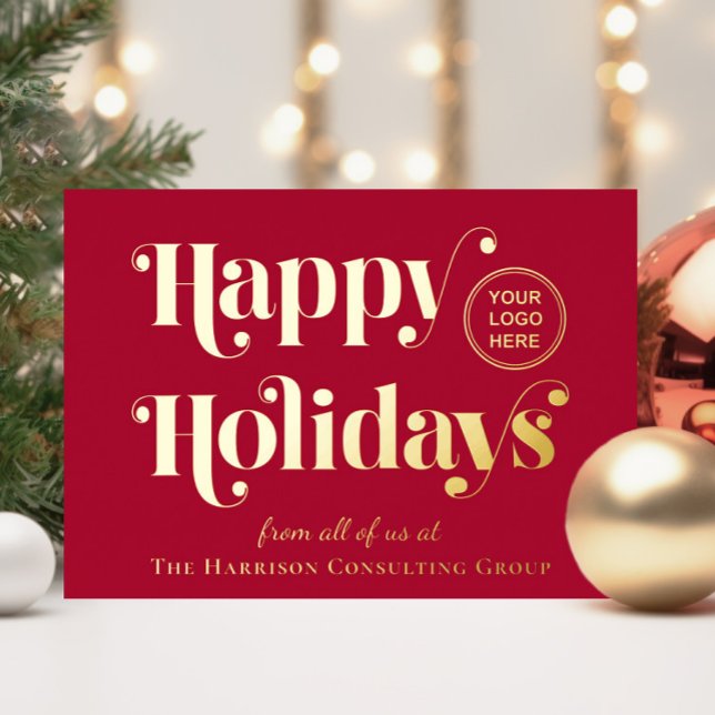 Happy Holidays Business Logo Red Christmas Foil Holiday Card (Show gratitude to your valued customers, clients and partners with an elegant gold foil holiday card)