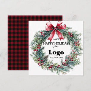 Happy Holidays Business Logo Red Plaid Employee Holiday Card