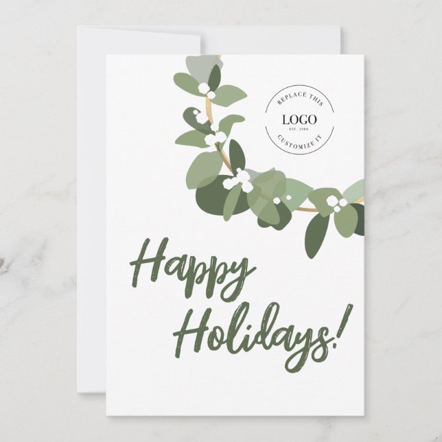 Happy Holidays Business logo Wreath Green White Holiday Card (Front)