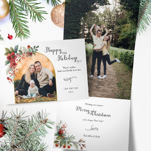 Happy Holidays Calligraphy Arch Floral Photo Tri-Fold Holiday Card