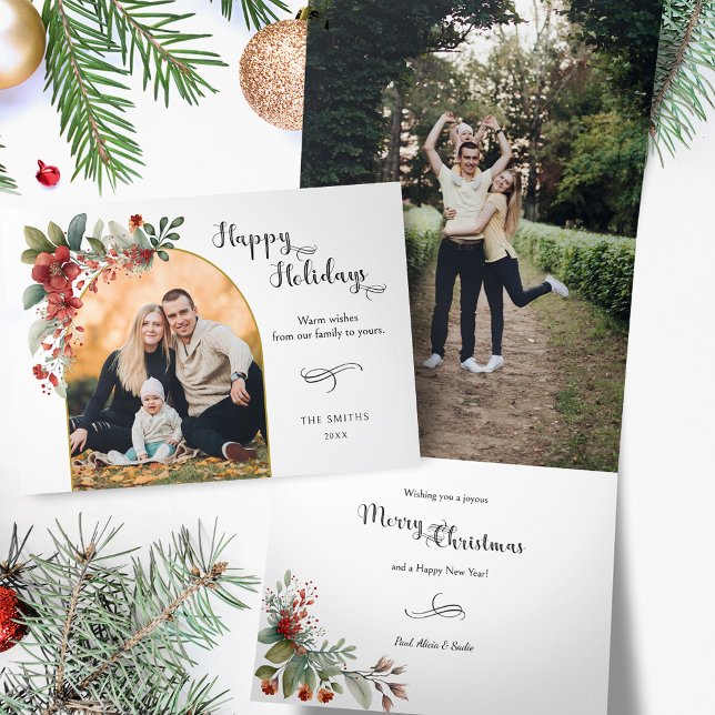 Happy Holidays Calligraphy Arch Floral Photo Tri-Fold Holiday Card (Creator Uploaded)