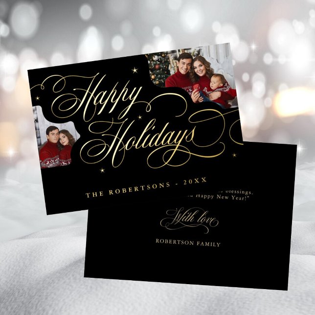 Happy Holidays Calligraphy Photo Family Name card (gold calligraphy family photo happy holiday greeting)