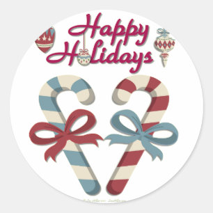 Happy Holidays Candy Cane Heart Classic Round Sticker