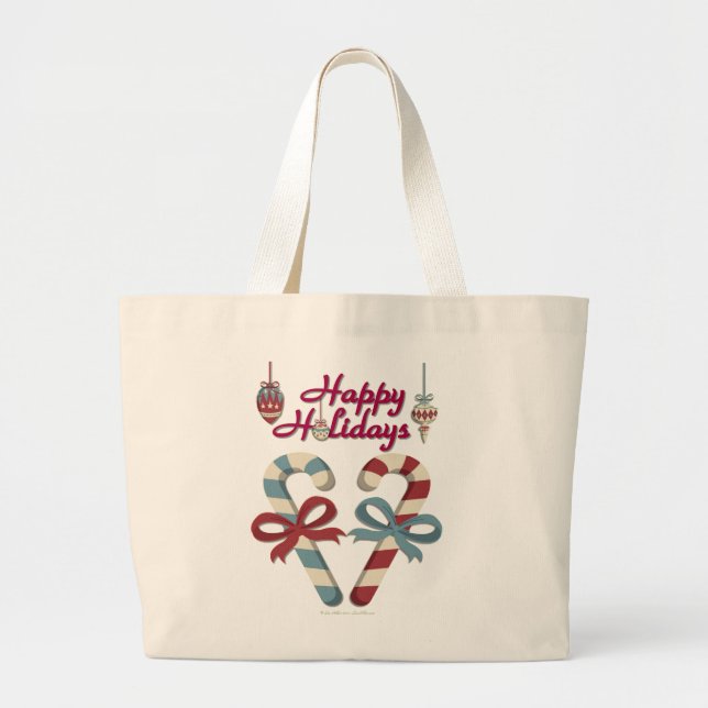 Happy Holidays Candy Cane Heart Large Tote Bag (Front)