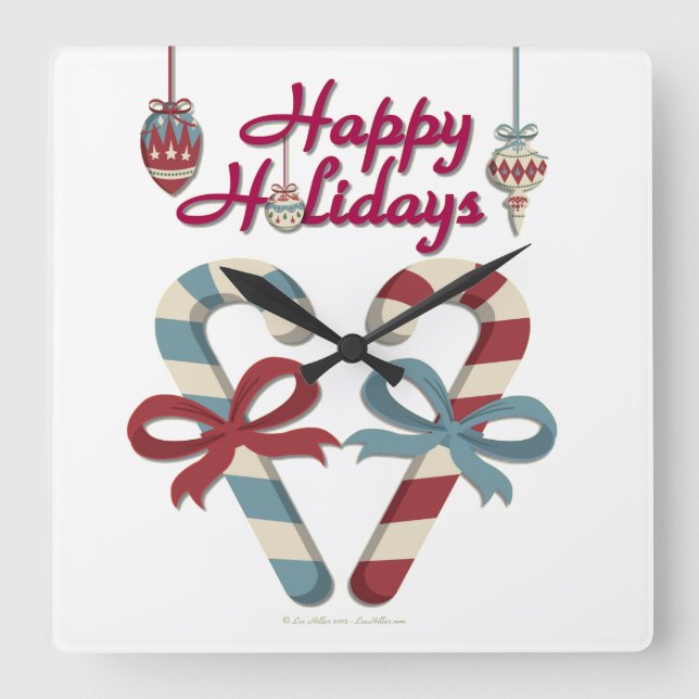 Happy Holidays Candy Cane Heart Square Wall Clock (Front)