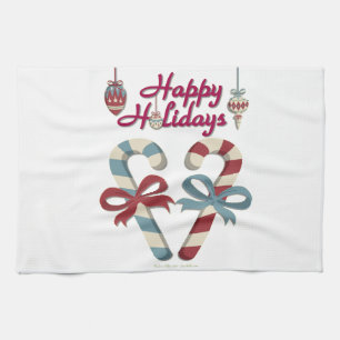 Happy Holidays Candy Cane Heart Tea Towel