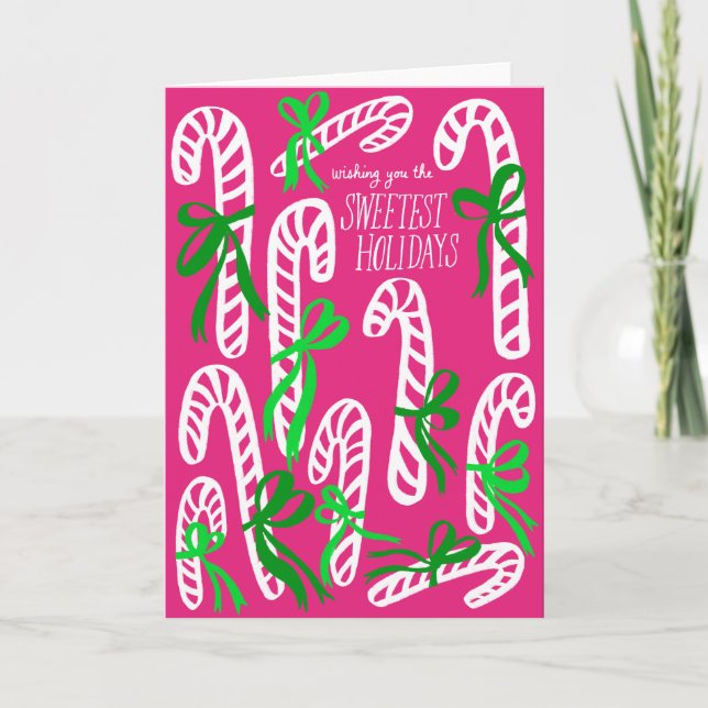 Happy Holidays Candycanes Sweet Pink Christmas Card (Front)