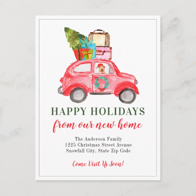 Happy Holidays Car Tree New Home Christmas Moving Announcement Postcard (Front)
