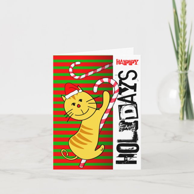 Happy Holidays Card Cat On Candy Cane (Front)