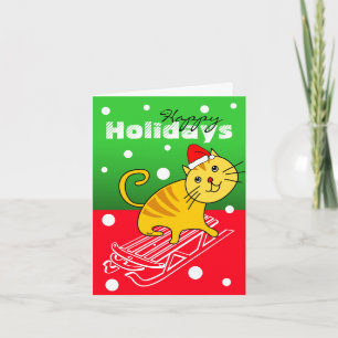 Happy Holidays Card Cat On Sledge