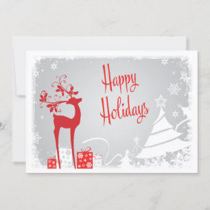 Happy Holidays Card Red, Grey, White Deer