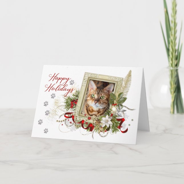 Happy Holidays Card with Cat and Paw Print Design (Front)