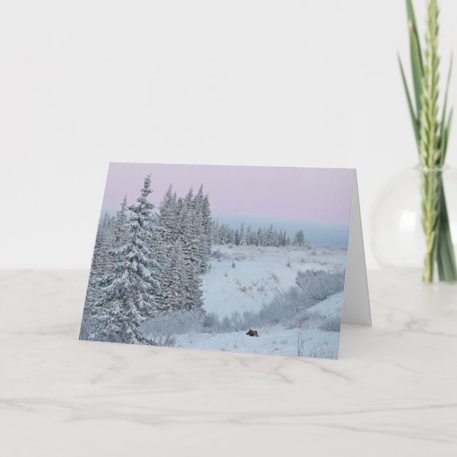 Happy holidays card with snow, spruce, and a moose (Front)