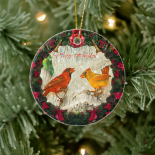 Happy Holidays Cardinal birds Ceramic Ornament