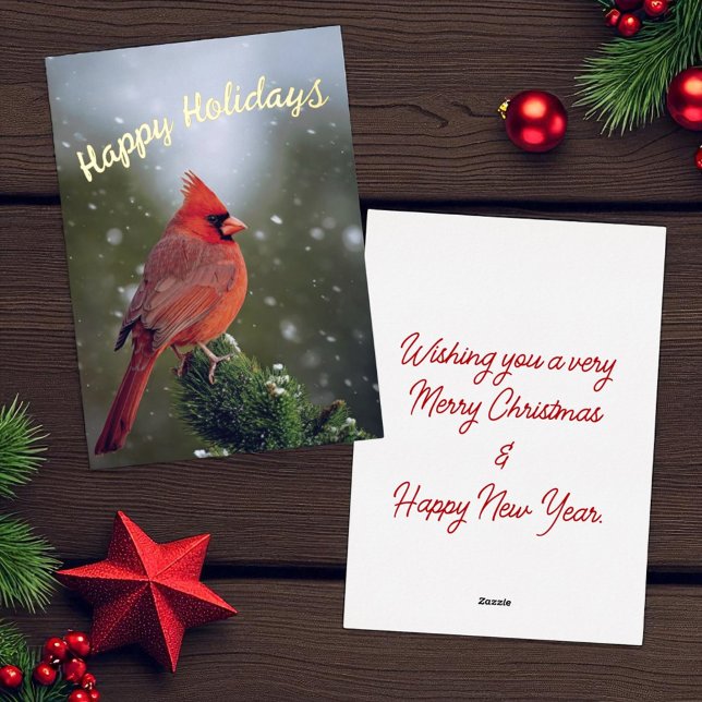 Happy Holidays Cardinal On Evergreen In Snow Foil Holiday Card (Christmas card foil front and template text back)