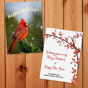 Happy Holidays Cardinal On Evergreen In Snow Foil Holiday Card