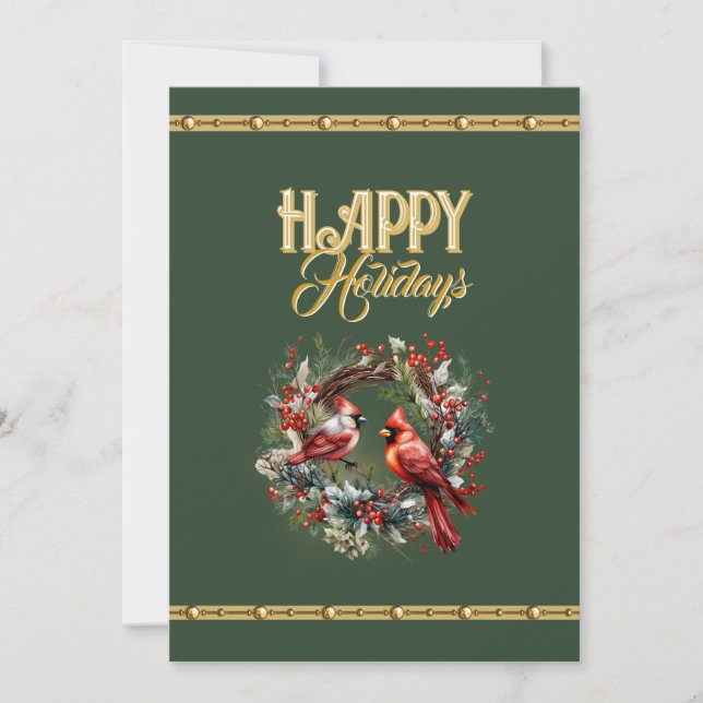 Happy Holidays: Cardinal Wreath with Elegant Gold  Holiday Card (Front)