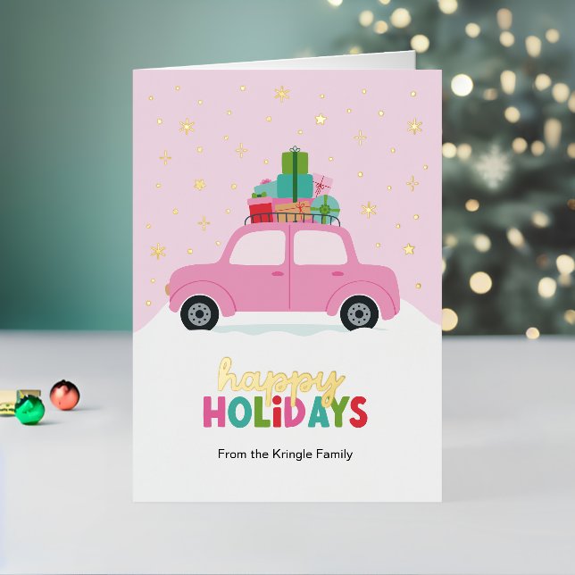 Happy Holidays Cars with Christmas Gifts in Pink Foil Holiday Card (Holiday In Situ 2)