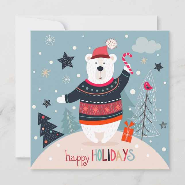 Happy Holidays Cartoon Winter Bear | Christmas Holiday Card (Front)