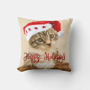 Happy Holidays,Cat With Santa Hat Cushion