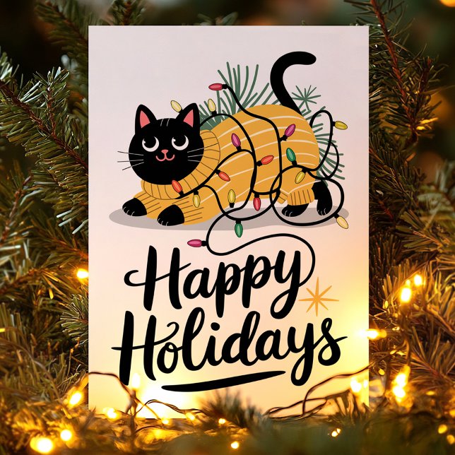 Happy Holidays Cat Wrapped in Lights Christmas Holiday Card (Creator Uploaded)