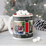 Happy Holidays Chalkboard Red Snowflake Two-Tone Coffee Mug<br><div class="desc">A festive chalkboard-style Christmas photo mug featuring "Happy Holidays" in white script across a charcoal chalkboard banner, with multiple custom photos separated by bold red accent panels and framed by a whimsical snowflake and star border, paired with a matching red interior and handle. The design includes a personalised family name...</div>