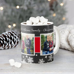 Happy Holidays Chalkboard Snowflake Photo Coffee Mug<br><div class="desc">A festive chalkboard-style Christmas photo mug featuring "Happy Holidays" in white script across a charcoal chalkboard banner, with multiple custom photos separated by bold red accent panels and framed by a whimsical snowflake and star border along the bottom. The design includes a personalised family name and year for a custom...</div>
