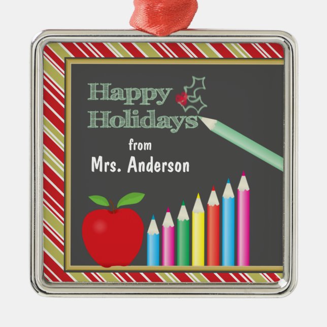 Happy Holidays Chalkboard Teacher Metal Tree Decoration (Front)