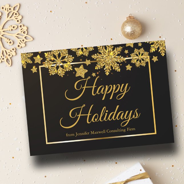 Happy Holidays Chic Black Gold Snowflake Company Holiday Card (Creator Uploaded)