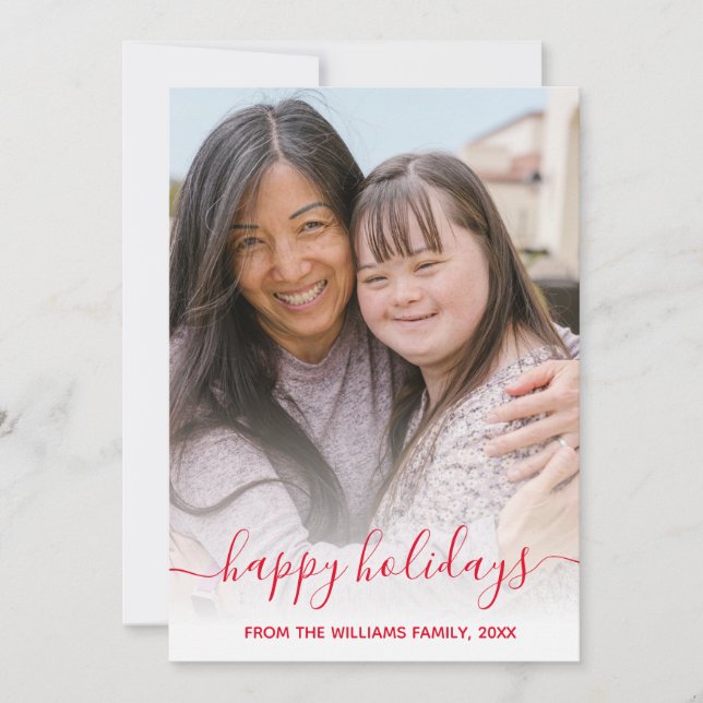 happy holidays chic red handwriting holiday photo card (Front)
