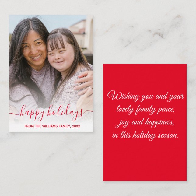 happy holidays chic red handwriting holiday photo card (Front/Back)