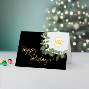 Happy Holidays Chic Wreath Business Logo Elegant Foil Holiday Card