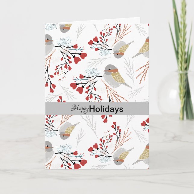 Happy Holidays Chickadee Floral Grey Red Hearts Holiday Card (Front)