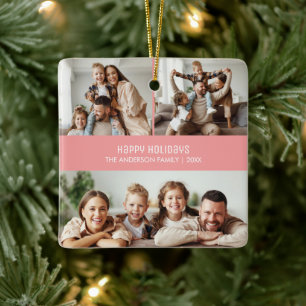 Happy Holidays Christmas 4 Photos Collage Pink Ceramic Ornament