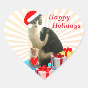 Happy Holidays Christmas Cat & Angel Heart Sticker