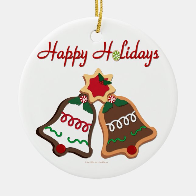 Happy Holidays Christmas Cookie Bells Ceramic Tree Decoration (Front)