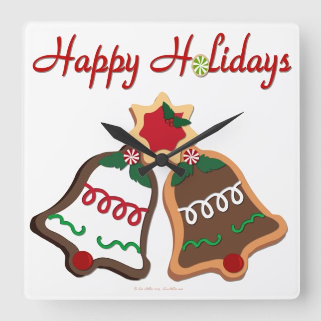 Happy Holidays Christmas Cookie Bells Square Wall Clock (Front)