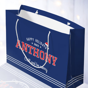 Happy Holidays Christmas Custom Name Navy Blue Red Large Gift Bag