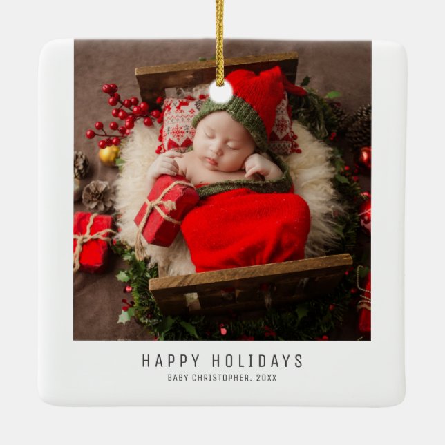 Happy Holidays Christmas Family Baby Images Ceramic Ornament (Back)