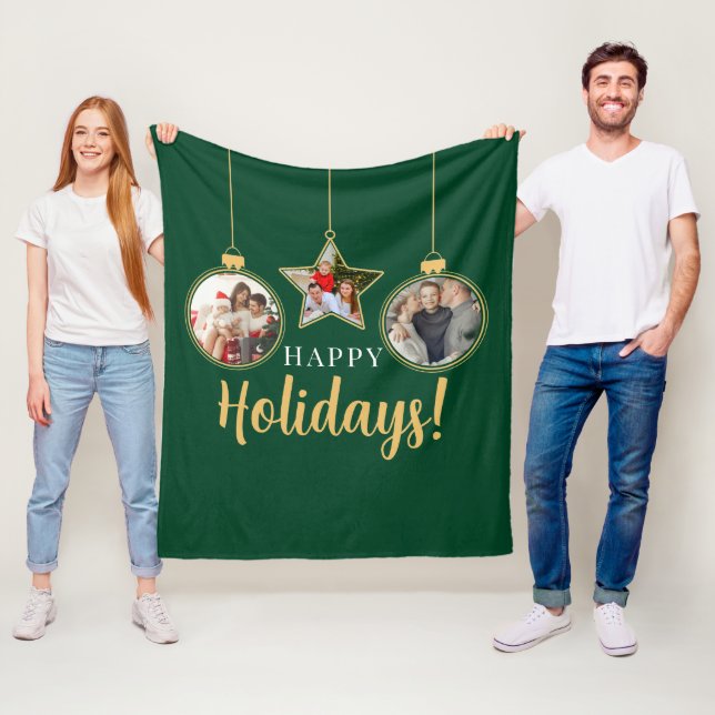 Happy Holidays Christmas Family Photos Green Gold Fleece Blanket (In Situ)