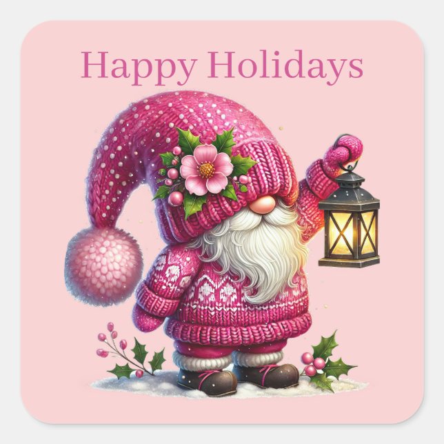 Happy Holidays Christmas gnome add text Square Sticker (Front)